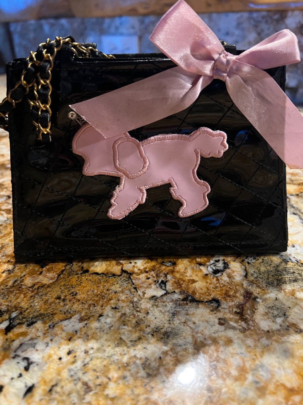 Small bag Patent Black with Pink Poodle Patch and Bow